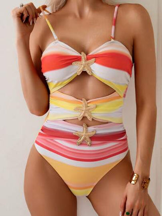 مايوه حريمي قطعة واحدة Swim بدلة سباحة سيدات ذات حمالات رفيعة بنقشة متموجة مزينة بالنجوم البحرية، مقطوعة الجوانب وجذابة للبساحة وعطلات الشاطئ