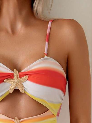 مايوه حريمي قطعة واحدة Swim بدلة سباحة سيدات ذات حمالات رفيعة بنقشة متموجة مزينة بالنجوم البحرية، مقطوعة الجوانب وجذابة للبساحة وعطلات الشاطئ