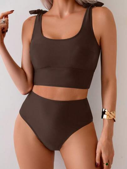 طقم تانكيني حريمي Swim Basics البذلة السباحية للنساء بياقة مربعة وظهر مكشوف وفيونكة كلاسيكية باللون الأسود