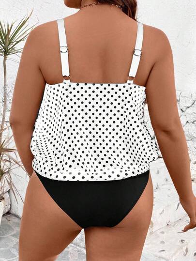 Swim Lushoire مجموعة من قطعتين أحجام كبيرة للسيدات، فانلة علوية بنقشة نقاط كبيرة وبكتاف سميك وبكيني مثلثي للسباحة ، للعطلات على الشاطئ