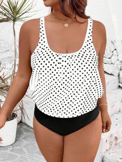 Swim Lushoire مجموعة من قطعتين أحجام كبيرة للسيدات، فانلة علوية بنقشة نقاط كبيرة وبكتاف سميك وبكيني مثلثي للسباحة ، للعطلات على الشاطئ