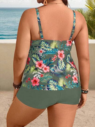 Swim Lushoire مجموعة سباحة للمرأة البدينة مكونة من فستان بطبعة نباتية مع شورت لون سادة - تانكيني، للأجازات والعطلات الاستجمام