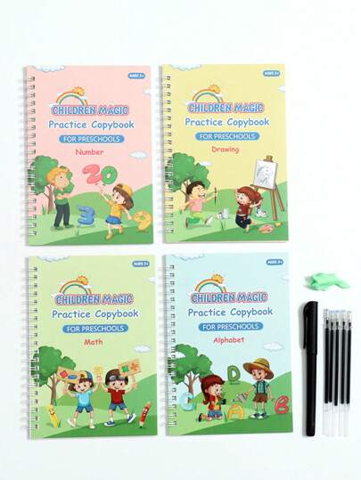 أدوات مكتبية ومدرسية 4 قطع مجموعة دفاتر + 1 قطعة حامل أقلام + 5 قطع أقلام بديلة + 1 قطعة مسك للقلم، تشمل 1 دفتر نسخ، 1 دفتر ممارسة، 1 كتاب الكلمات السحرية، و1 دفتر ممارسة التعليم المبكر، هدية مثالية
