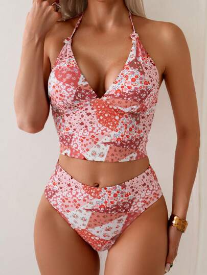 طقم تانكيني حريمي Swim Vcay ملابس علوية بكيني تانكيني مزخرف بالزهور فتحة خلفية وخصر مرتفع للنساء للشاطئ في الرحلات