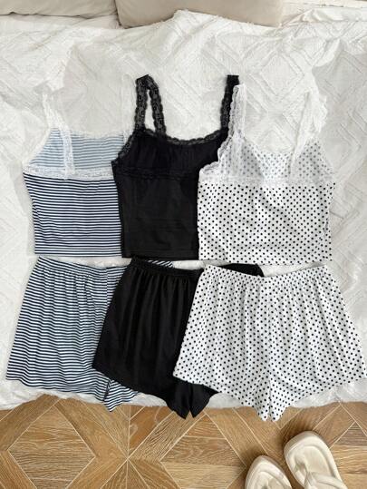 SHEIN 6 قطع مجموعة بيجامات نسائية كاجوال من قميص نصفي مع لمسات من الدانتيل والطباعة الزهرية مع سرواليين مقصران