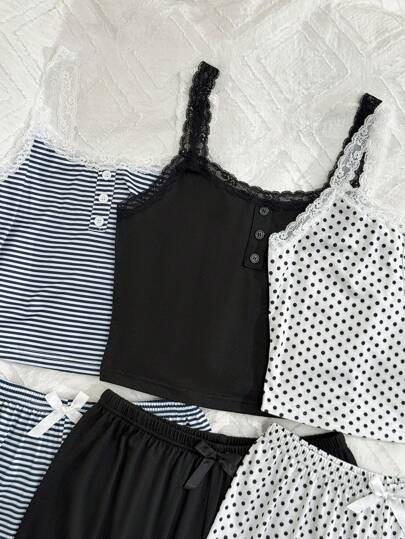 SHEIN 6 قطع مجموعة بيجامات نسائية كاجوال من قميص نصفي مع لمسات من الدانتيل والطباعة الزهرية مع سرواليين مقصران