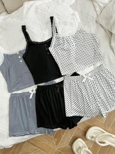 SHEIN 6 قطع مجموعة بيجامات نسائية كاجوال من قميص نصفي مع لمسات من الدانتيل والطباعة الزهرية مع سرواليين مقصران