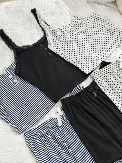 SHEIN 6 قطع مجموعة بيجامات نسائية كاجوال من قميص نصفي مع لمسات من الدانتيل والطباعة الزهرية مع سرواليين مقصران