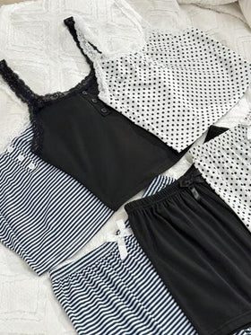 SHEIN 6 قطع مجموعة بيجامات نسائية كاجوال من قميص نصفي مع لمسات من الدانتيل والطباعة الزهرية مع سرواليين مقصران
