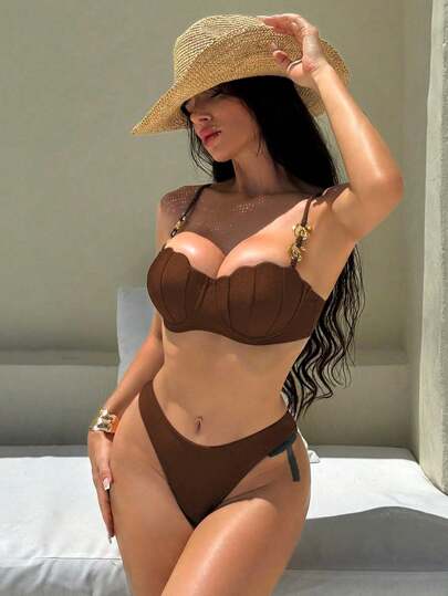طقم تانكيني حريمي Swim SXY ملابس سباحة نسائية مكونة من 2 قطع، ملابس علوية نوع كامي مجمع والأسفل كتانكيني أسود قطعة واحدة، أزياء صيفية على الشاطئ