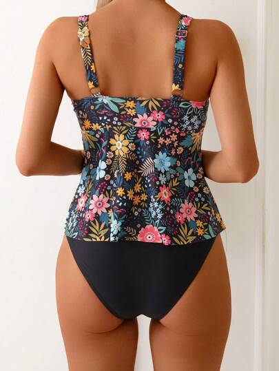 طقم تانكيني حريمي Swim Lushoire مجموعة فستان قطعتين مطبوع عليها أزهار مع حمالات سميكة وبيكيني للنساء لإطلالة صيفية على الشاطئ