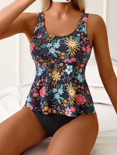 طقم تانكيني حريمي Swim Lushoire مجموعة فستان قطعتين مطبوع عليها أزهار مع حمالات سميكة وبيكيني للنساء لإطلالة صيفية على الشاطئ
