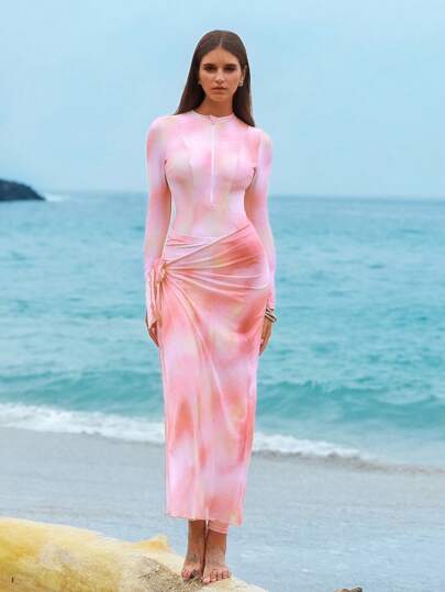 طقم تانكيني حريمي Swim Shayni مجموعة تكونت من 3 قطع من ملابس السباحة للنساء - ملابس علوية طويلة الأكمام مطبوعة بطبعة التبرقش مع سحاب، توب مثلث ، وتنورة طقم سباحة تانكيني ، ملابس شاطئية للصيف
