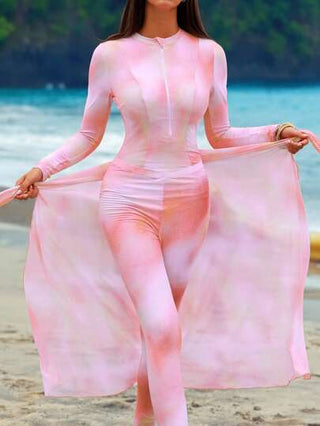 طقم تانكيني حريمي Swim Shayni مجموعة تكونت من 3 قطع من ملابس السباحة للنساء - ملابس علوية طويلة الأكمام مطبوعة بطبعة التبرقش مع سحاب، توب مثلث ، وتنورة طقم سباحة تانكيني ، ملابس شاطئية للصيف
