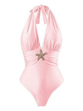 Swim Oasis بدلة سباحة قطعة واحدة مزينة بنجمة البحر من قماش أزرق فاتح لامع، تنورة شاطئية للصيف للنساء
