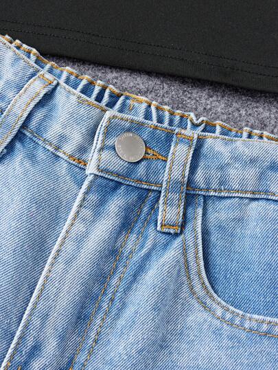 ملابس بناتي مجموعة قميص بلون واحد وشورت جينز وسطي للبنات