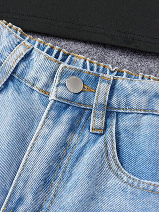 ملابس بناتي مجموعة قميص بلون واحد وشورت جينز وسطي للبنات
