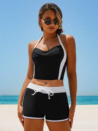 طقم تانكيني حريمي Swim SPRTY 2 قطعة / مجموعة ملابس علوية من الهلتر ذو التصميم الرقعي الأبيض والأسود وسراويل تانكيني مع أحزمة الكتف، بتصميم رياضي لملابس السباحة