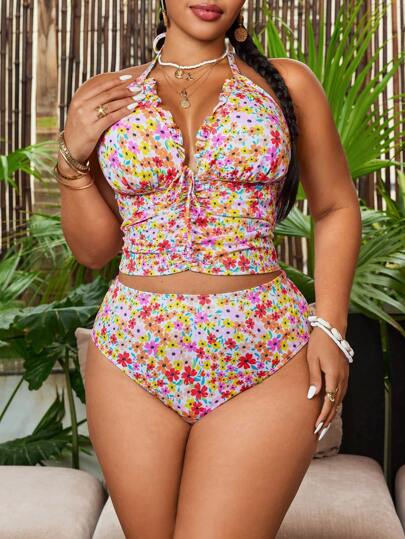 SHEIN Swim Curve بلوزة خياطة مرتفعة + سروال رياضي قطعتين ، وردي مزخرف بنقشة زهرية عشوائية ، ملائم لصيف المرأة البدينة ، ديزاين بسيط وكاجوال