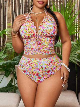 SHEIN Swim Curve بلوزة خياطة مرتفعة + سروال رياضي قطعتين ، وردي مزخرف بنقشة زهرية عشوائية ، ملائم لصيف المرأة البدينة ، ديزاين بسيط وكاجوال