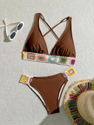 Swim Vcay بيكيني أنيق من قطعتين بحزام للرقبة للنساء، ملابس سباحة كاجوال، بني داكن