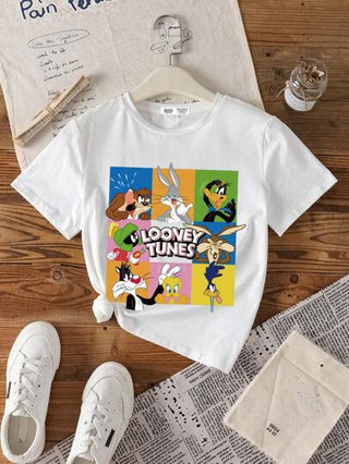 تيشيرتات بناتي LOONEY TUNES X  تي شيرت قطني أبيض بأكمام قصيرة وياقة طاقم، نمط شبكي كارتوني، مريح للفتيات في عمر المراهقة، للصيف