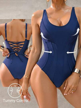 Shapewave قطعة واحدة من ملابس السباحة ذات التحكم بالبطن والرفع للصدر للنساء، باللون الأزرق الغامق، أنيقة وكاجوال مناسبة للربيع والصيف، للشاطئ والأعياد والمهرجانات