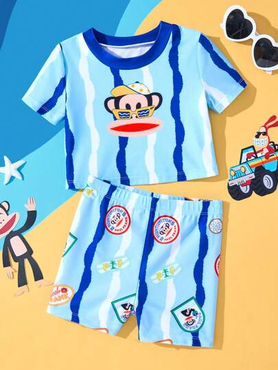 مايوه أولادي Paul Frank X  ملابس علوية أكمام قصيرة بطبعة القرد الصغير وسروال سباحة بخصر مطاطي لملابس السباحة للأطفال الصبيان