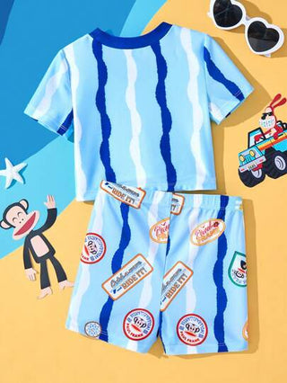 مايوه أولادي Paul Frank X  ملابس علوية أكمام قصيرة بطبعة القرد الصغير وسروال سباحة بخصر مطاطي لملابس السباحة للأطفال الصبيان