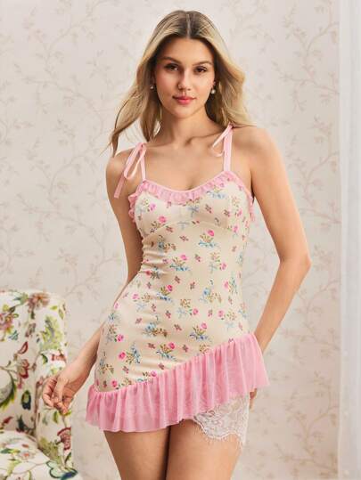 لانجيري حريمي FloralLove مجموعة ثوب نوم طويل من الحرير الحليبي المطبوع مع وشاح للربط 2 قطعة[ثوب نوم+ وشاح]
