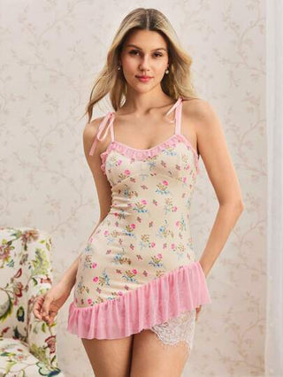 لانجيري حريمي FloralLove مجموعة ثوب نوم طويل من الحرير الحليبي المطبوع مع وشاح للربط 2 قطعة[ثوب نوم+ وشاح]