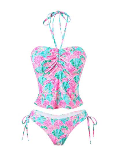 طقم تانكيني حريمي Swim Mod مجموعة من قطعتين، توب بحمالات رفيعة مطبوع بتصميمات عشوائية وبكيني سفلي بسحاب ، ملابس سباحة صيفية مثيرة للنساء