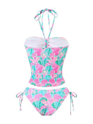 طقم تانكيني حريمي Swim Mod مجموعة من قطعتين، توب بحمالات رفيعة مطبوع بتصميمات عشوائية وبكيني سفلي بسحاب ، ملابس سباحة صيفية مثيرة للنساء