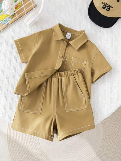 SHEIN مجموعة قميص وشورت لحديثي الولادة من الأولاد للصيف بطراز الشارع الكاجوال ، بلون بيج كاحي وقص فضفاض بأكمام قصيرة وخصر مطاطي ، مناسب لحفلات عيد الميلاد والمساء والأداء والزفاف والاحتفال بالشهر الأول وعيد المعمودية وحفلات استقبال المواليد