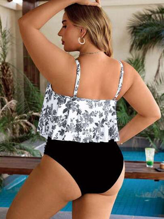 Swim Lushoire مجموعة بحجم إضافي مكونة من قطعتين للمرأة، ملابس علوية بطبعات عشوائية عند الرقبة المستديرة وبنقشة الخاصة بالثقافة الصينية، ذات ذيل مكسر وبيكيني ذو قاع مُطوي عالي الخصر وجزء علوي مُثلث