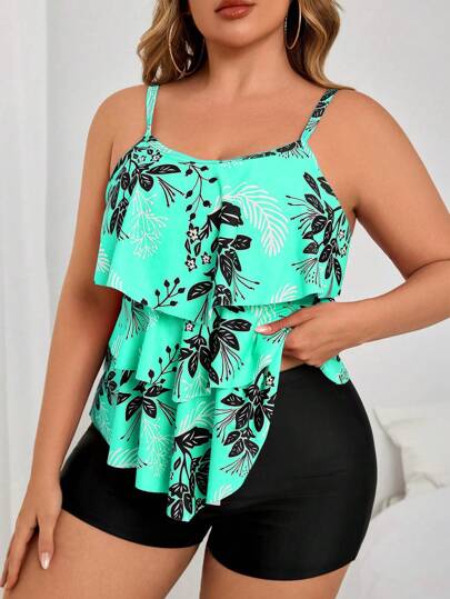 Swim Lushoire طقم مقاس كبير 2 قطعة، ملابس علوية محصورة بطبعة زهرية فضفاضة وشورت ذو خصر مرتفع بطباعة عشوائية للنباتات، طقم بيكيني سباحة للنساء