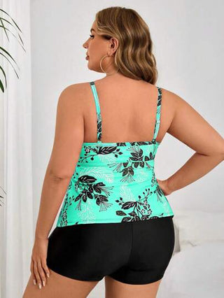 Swim Lushoire طقم مقاس كبير 2 قطعة، ملابس علوية محصورة بطبعة زهرية فضفاضة وشورت ذو خصر مرتفع بطباعة عشوائية للنباتات، طقم بيكيني سباحة للنساء