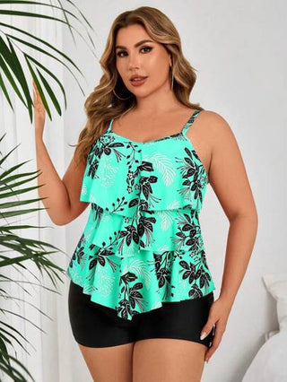 Swim Lushoire طقم مقاس كبير 2 قطعة، ملابس علوية محصورة بطبعة زهرية فضفاضة وشورت ذو خصر مرتفع بطباعة عشوائية للنباتات، طقم بيكيني سباحة للنساء