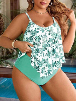 Swim Lushoire مجموعة بكيني مكونة من 2 قطعة، توب كروي الرقبة مطبوع بنقوش الأزهار الأزرق والأبيض مع قصات مكسرة، وسروال منتصف الخصر المطوي للسيدات المليئات الأجسام