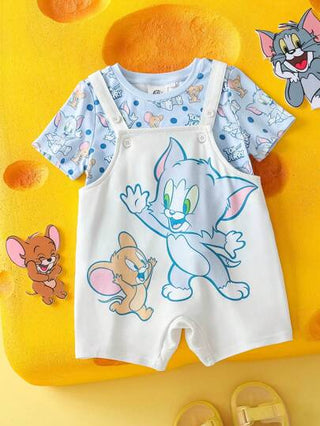 TOM & JERRY X طقم بلوزة أكمام قصيرة وسروال تنكري للأطفال الرضع الصبية بأشكال كرتونية زرقاء جميلة ومضحكة