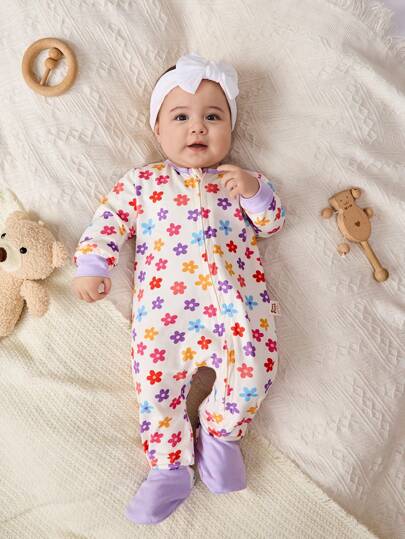 Cozy Pixies بدلة رومبر كريو رقبة مطبوعة بالنباتات والزهور طويلة الأكمام ناعمة للأطفال الرضع البنات مع بناطيل