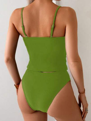 طقم تانكيني حريمي Swim Basics طقم بيكيني جديد أنيق ذو لون أساسي 2 قطعة، توب بكشكشة وحمالات ذات تصميم بسيط