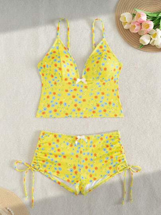 طقم تانكيني حريمي Swim Mod 2 قطعة طقم بكيني مزهر منقسم مثبت قطعتين: بدلة الاستحمام بحمالات و زخرفة بفيونكة، مثالية للفتيات في عطلات الشاطئ والإبحار البحري وحفلات حمام السباحة