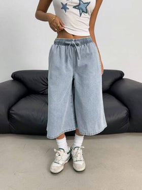 SHEIN بنطلون جينز واسع الساق مرن بخصر رباط، غسيل فاتح، ملائم للمراهقات، شورت بوهيمي صيفي للشاطئ والعطلات، ملابس كاجوال لحفلات الموسيقى والمهرجانات، ملابس صيفية لحفلات الغداء والكنيسة والتخرج
