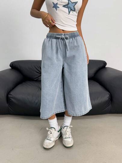 SHEIN بنطلون جينز واسع الساق مرن بخصر رباط، غسيل فاتح، ملائم للمراهقات، شورت بوهيمي صيفي للشاطئ والعطلات، ملابس كاجوال لحفلات الموسيقى والمهرجانات، ملابس صيفية لحفلات الغداء والكنيسة والتخرج