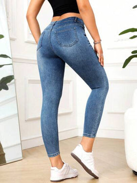 SHEIN PETITE جينز نسائي جيوب ضيق متعدد الاستخدامات عصري