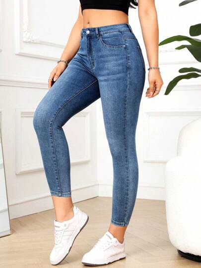 SHEIN PETITE جينز نسائي جيوب ضيق متعدد الاستخدامات عصري