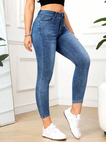 SHEIN PETITE جينز نسائي جيوب ضيق متعدد الاستخدامات عصري