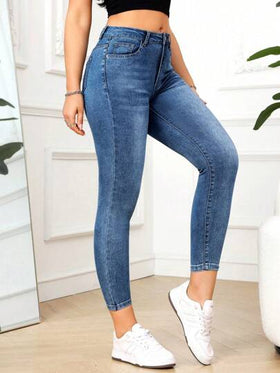 SHEIN PETITE جينز نسائي جيوب ضيق متعدد الاستخدامات عصري
