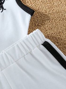 SHEIN 4 قطع مجموعة للأطفال الصبيان: ملابس علوية بدون أكمام مطرزة وشورت رياضي، بطراز رياضي، مناسب لملابس الأطفال الصيفية، مجموعات ملابس الأطفال الصبيان، ملابس الأطفال الصبيان، ملابس الأطفال الرضع، مجموعات ملابس الأطفال الصبيان، ملابس الأطفال الصبيان العلام